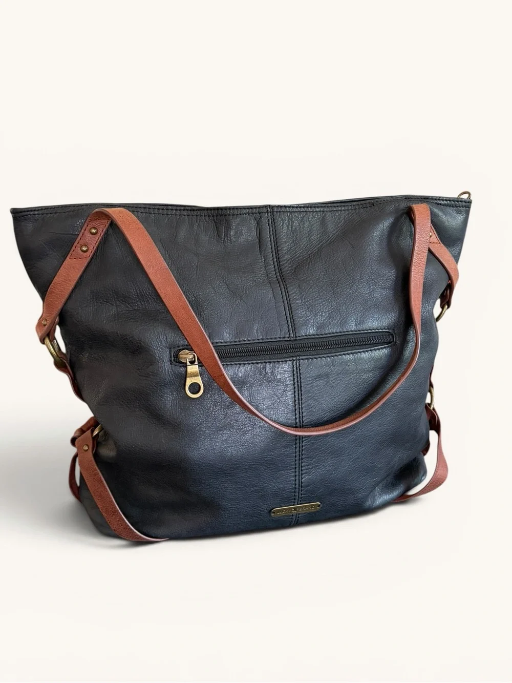 Lucky Brand Black Leather Tote with Brown Straps